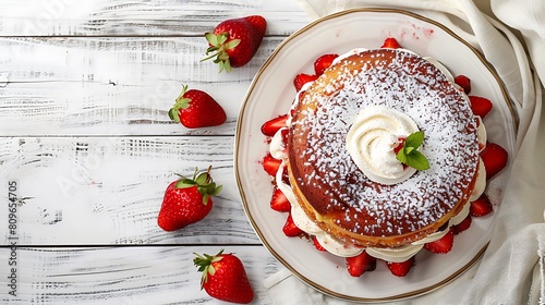 Top view of Victoria sponge cake filled with strawberries jam and whipped cream decorated with icing sugar and strawberry on a white wooden table