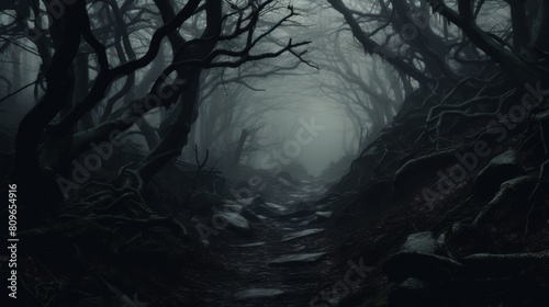  Mysterious Twisted Trees Lining A Foggy Forest Path In An Eerie Landscape. Generative AI