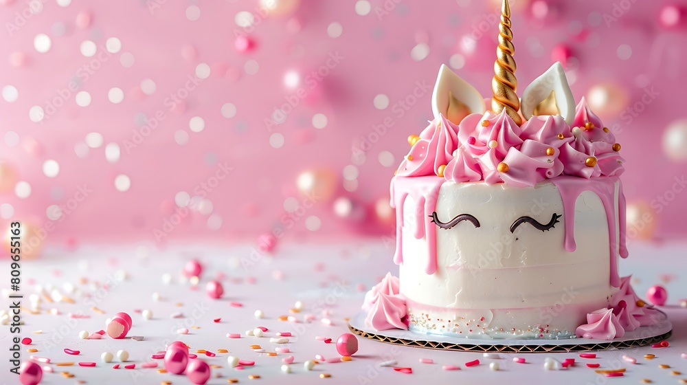 Unicorn cake with pink frosting and copy space to side Unicorn cake with pink frosting and copy space to side