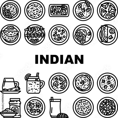 indian cuisine curry food chicken icons set vector. dish restaurant, asian rice, india meal, spice masala, dinner indian cuisine curry food chicken black contour illustrations