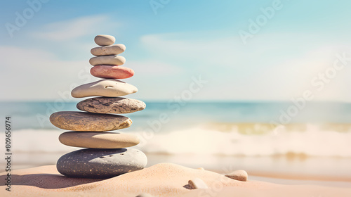 Balanced stones stacked on the beach