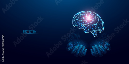 Two human hands are holds human brain. Support healthy brain concept. Wireframe glowing low poly design on dark blue background. Abstract futuristic vector illustration.