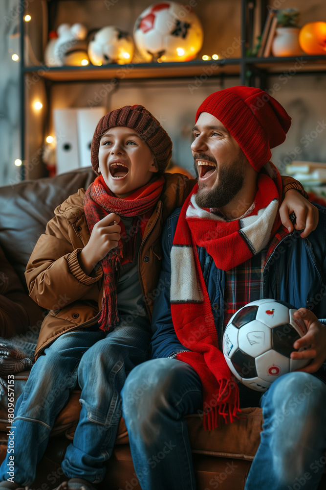 Father and son watch football soccer game and cheer together at home Father and son watch football soccer game and cheer together at home