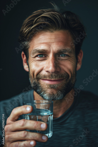 Portrait of adult caucasian man stand at home and hold glass of water