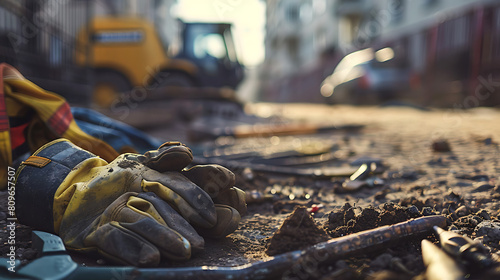 Dirty gloves and construcation workers instrument construcation site. 1st May Workers Day concept