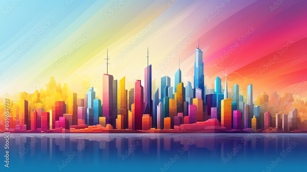 An abstract painting of a cityscape. The colors are vibrant and the brushstrokes are thick. The painting has a sense of energy and excitement.