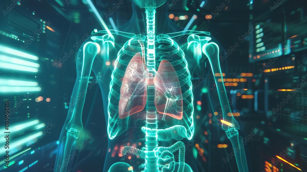 A futuristic interpretation of a traditional chest Xray, featuring cyberpunk elements to highlight the lungs, heart, diaphragm, and spine in a visually striking manner A futuristic interpretation of a traditional chest Xray, featuring cyberpunk elements to highlight the lungs, heart, diaphragm, and spine in a visually striking manner