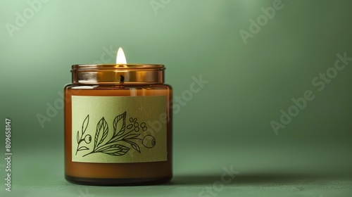 An amber candle with a green sage and lemon label, set against a green background © Orxan
