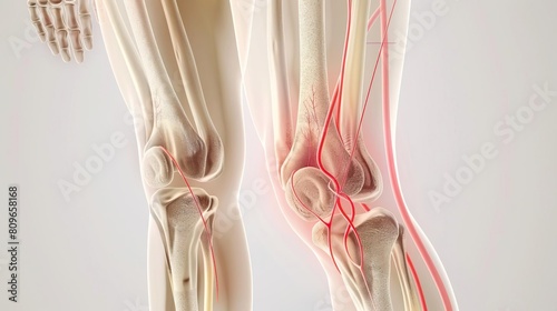 A diagnostic illustration with a red line in the anterior right thigh, representing the crural nerves, providing clarity on ligament and bone alignment for medical evaluation