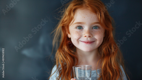 Portrait of caucasian girl child toddler stand and hold glass of water