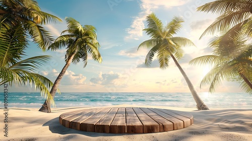 Wooden Podium on Beach Sand, Coconut Trees on Back Side, Beach and Sunshine Background : Suitable for Be Used for Display and Promotion Product with Summer Vibes. © Yoan Maulana Studio
