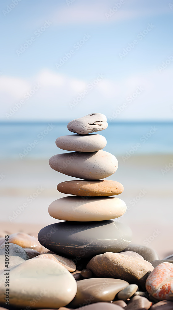 Balanced stones stacked on the beach Balanced stones stacked on the beach