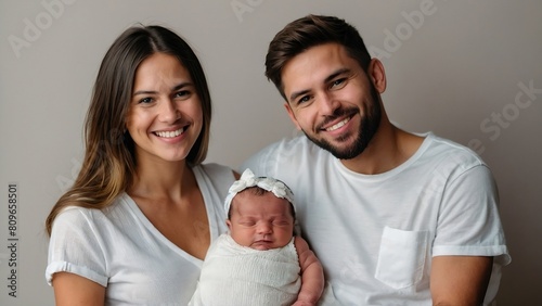 Portrait happy family holding newborn baby with white shirts