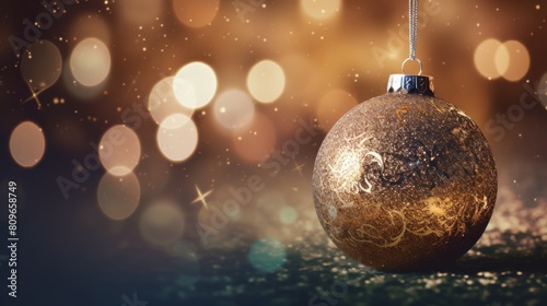 Festive Season Decor With A Classic Golden Christmas Ball And Sparkling Lights. Generative AI