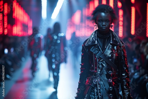 A fashion model walks the runway in a striking black leather outfit, highlighted by neon red lighting at a dynamic fashion show.