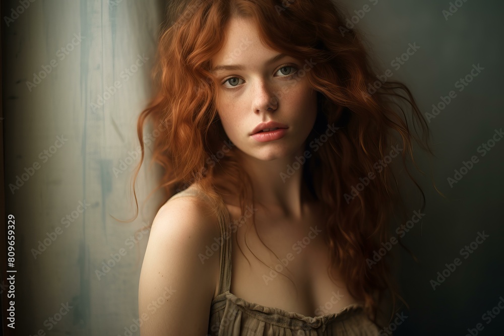 A portrait of a young woman with curly red hair, gazing softly near a window