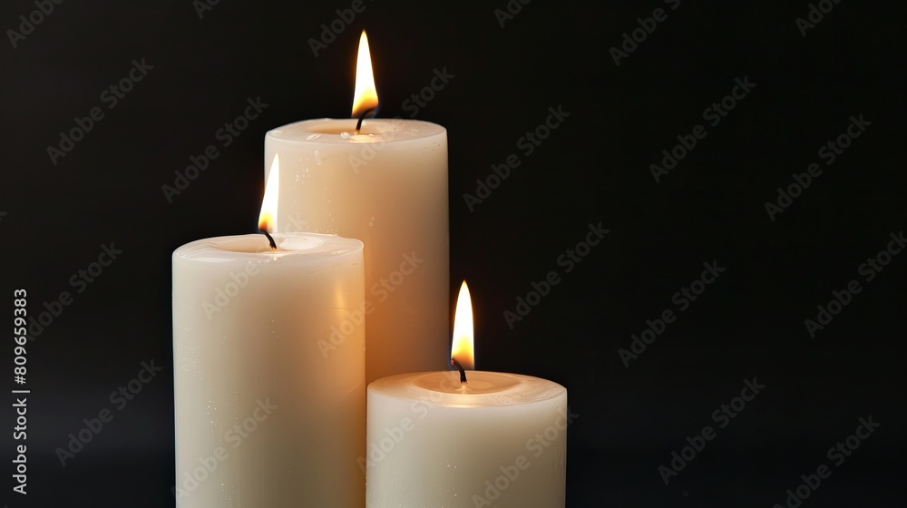 Three white candles of varying sizes burn against a black background, isolated from other elements Three white candles of varying sizes burn against a black background, isolated from other elements