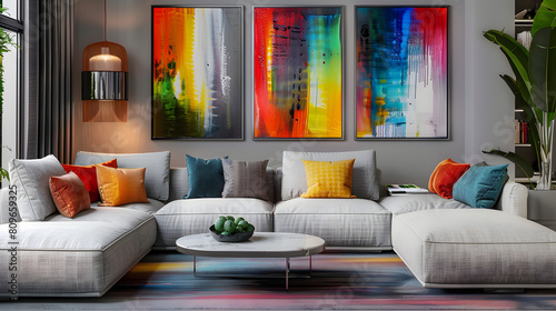 Stylish living room with colorful abstract paintings and modern sectional couch