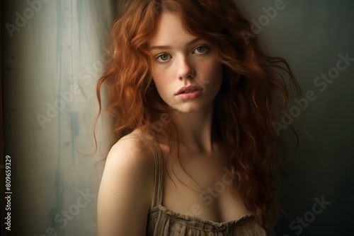A portrait of a young woman with curly red hair, gazing softly near a window