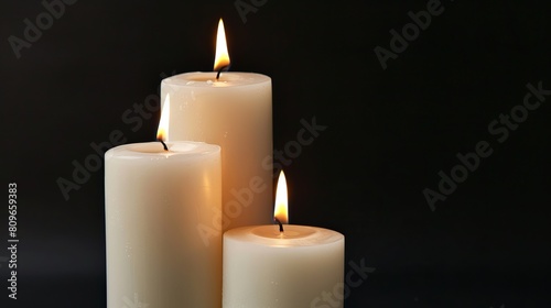 Three white candles of varying sizes burn against a black background  isolated from other elements