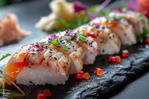 Close-up view of a gourmet sushi platter featuring seared fish, fresh herbs, and colorful garnishes on a dark slate. photo
