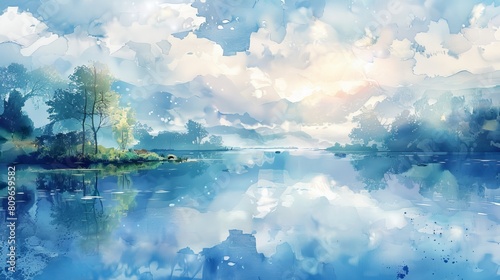 Watercolor style wallpaper a tranquil lake mirrors the azure heavens above, its surface shimmering with a thousand reflections. © BlockAI