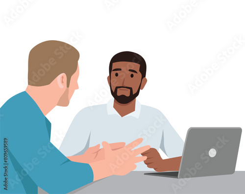 Office workers colleagues communication. Employees working under business project together. Flat vector illustration isolated on white background