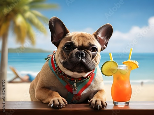 Brazil french bulldog dog enjoying a cocktail, on summer vacation holidays at the beach. © Natasa
