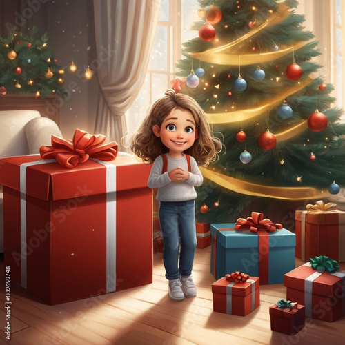 Young Girl Smiling While Holding a Large Christmas Present
