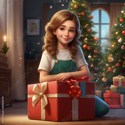 Young Girl Smiling While Holding a Large Christmas Present