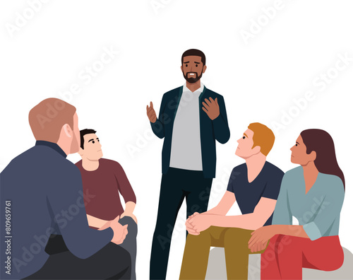 Group therapy session. Different people sitting in circle and talking. Flat vector illustration isolated on white background