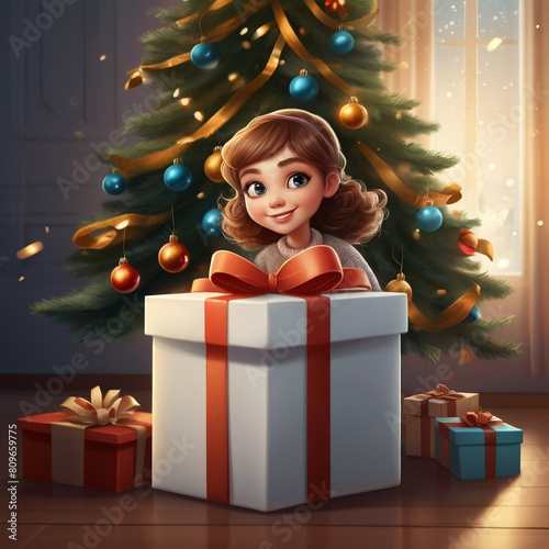 Young Girl Smiling While Holding a Large Christmas Present