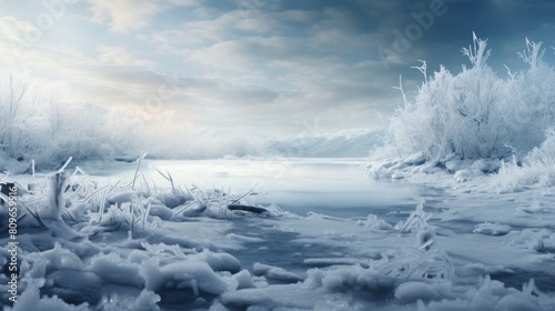 Frosty Dawn. A Chilled Panorama Of Ice Encased Wilderness Under Blue Skies. Generative AI