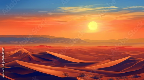 The Sahara desert sprawls beneath the expansive African sky, with the sun casting its brilliant rays across the arid landscape. photo