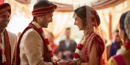 A bride and groom exchanging vows at a traditional Indian wedding, with guests in attendance photo