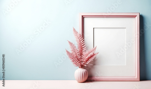 pink empty frame over a light blue backdrop with vase and oink planet like romantic graphic presentation photo