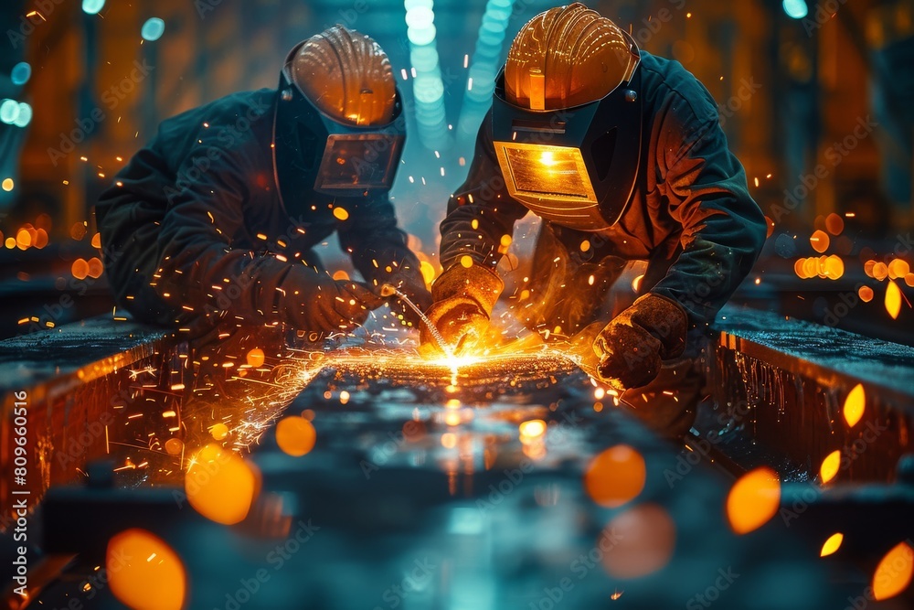 Intense welding work captured at close range with bright orange sparks flying, highlighting the heat and precision required in metalwork Intense welding work captured at close range with bright orange sparks flying, highlighting the heat and precision required in metalwork