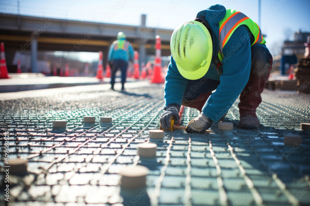 Close-up of worker hand securing rebar dowels for road construction