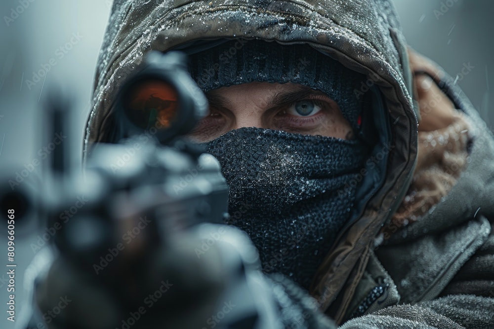 Close-up of an individual in protective gear aiming a firearm, face deliberately obscured Close-up of an individual in protective gear aiming a firearm, face deliberately obscured