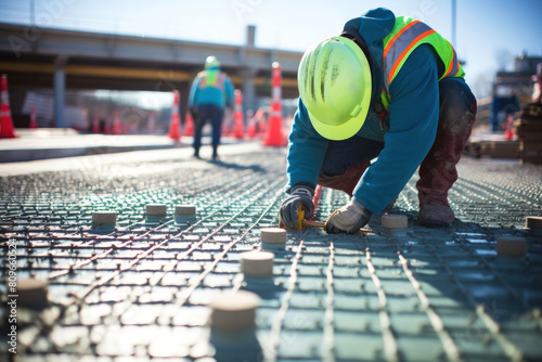 Close-up of worker hand securing rebar dowels for road construction photo