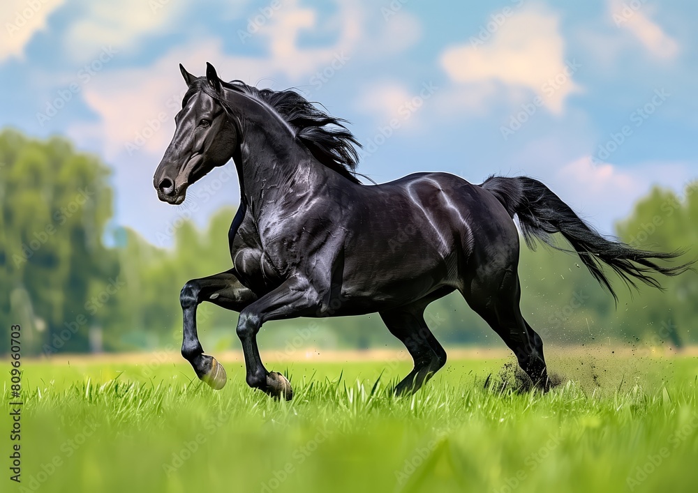 Fototapeta premium Dynamic Black Stallion Running in Green Field for Nature Photography.