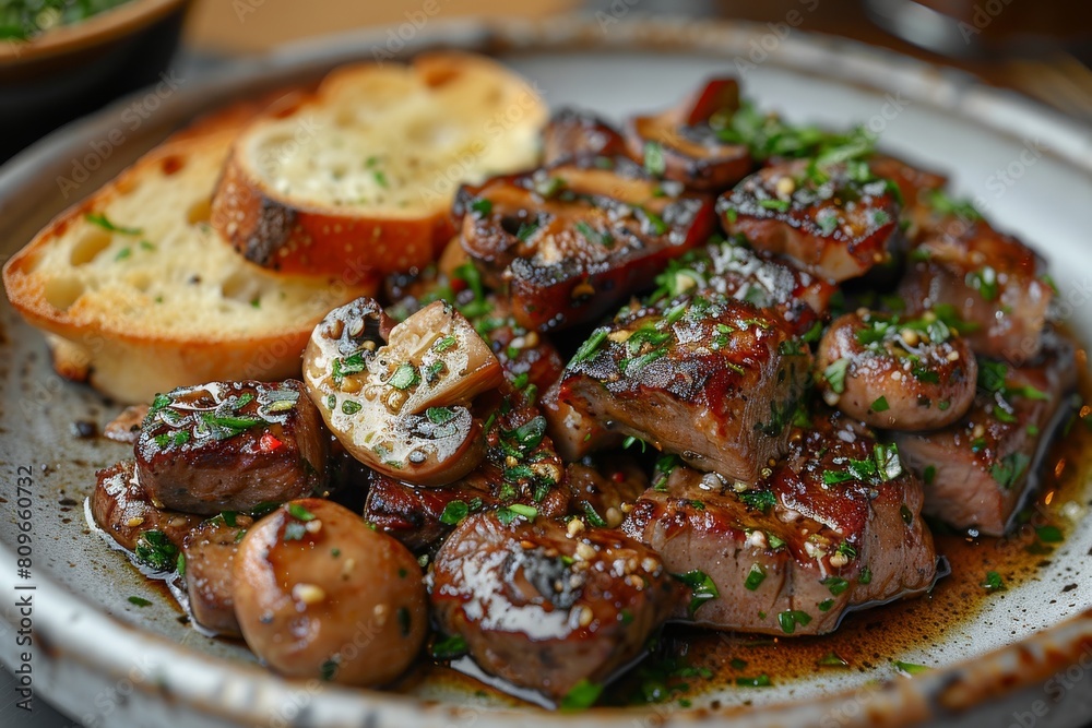 Delicious grilled steak with mushrooms, garnished with herbs, in a restaurant setting Delicious grilled steak with mushrooms, garnished with herbs, in a restaurant setting