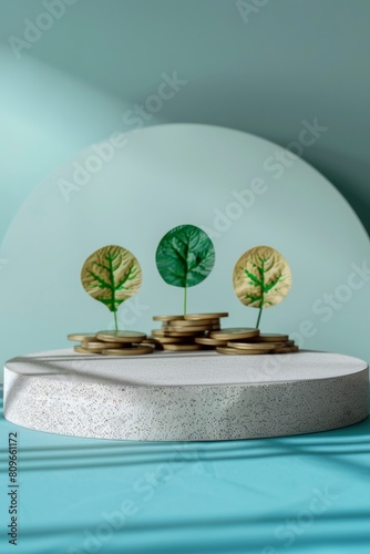 Eco-Friendly Investment Concept with Green Bonds Brochures on Recycled Podium Under LED Lighting in Monochromatic Blue Setting