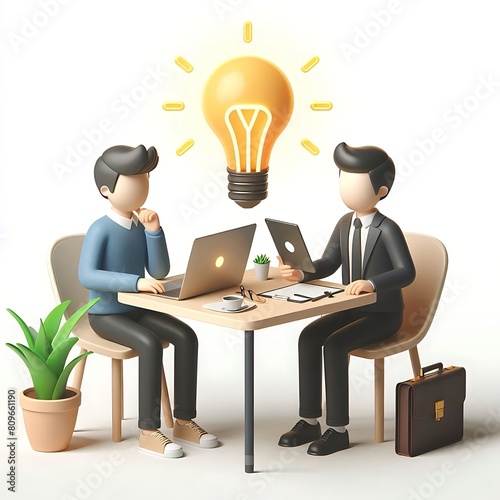 3D illustration of startup and business teamwork concept. Two happy men discussing in the office. Cartoon businessman working in the office and looking for ideas.