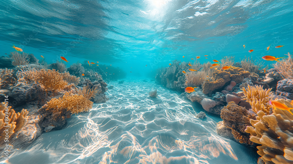 A visually elaborate image showcasing International Cat Cay's renowned snorkeling spots, with colorful coral reefs, tropical fish, and marine life thriving in the clear and pristin