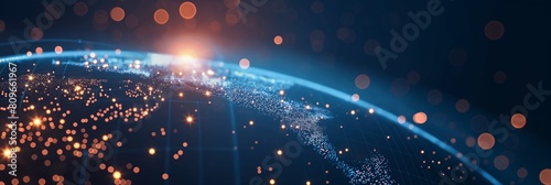 This striking image features a view of Earth at night illuminated by glowing network lines, symbolizing global connectivity and data flow