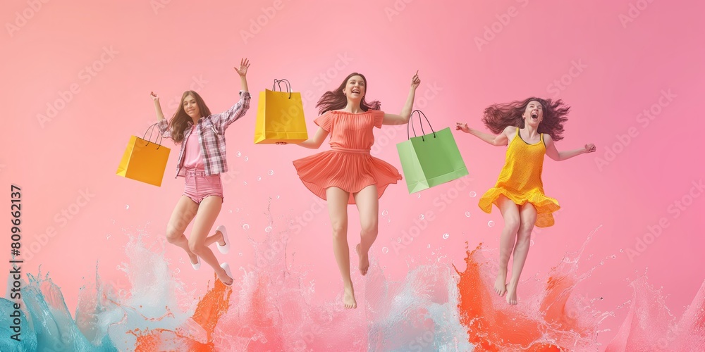 Photo of three happy women holding shopping bags jumping on a coral background, in the photorealistic and panoramic style. A full body portrait of three women in different poses