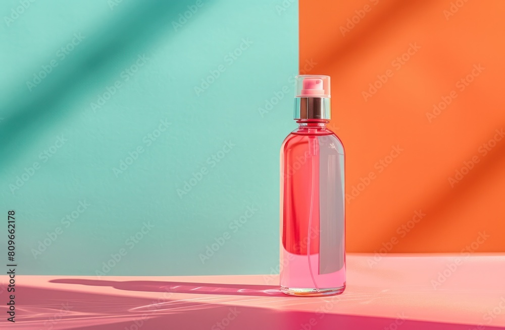 A bottle of perfume is sitting on a table in front of a blue A bottle of perfume is sitting on a table in front of a blue