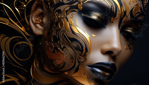 Gilded Glamour  Woman Adorned with Gold-Painted Face  Eyelashes  and Tattoos