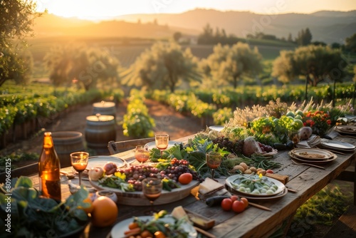 A rustic outdoor dinner table set in a vineyard at sunset, laden with fresh farm produce and a view of the sprawling vines. photo